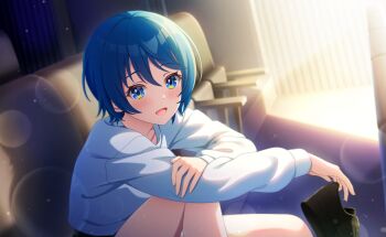 1girl :d blue_eyes blue_hair blurry blurry_background blush commentary_request depth_of_field game_cg highres indoors lens_flare long_sleeves looking_at_viewer official_art open_mouth shirt short_hair sitting smile solo third-party_source toneri_nikako white_shirt world_dai_star