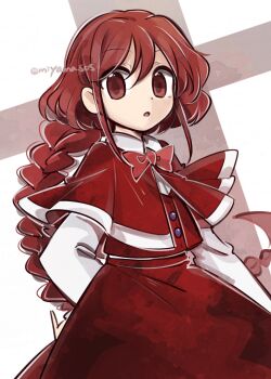 1girl arms_behind_back bow bowtie capelet commentary cowboy_shot highres long_braid long_hair long_sleeves looking_at_viewer okazaki_yumemi open_mouth red_bow red_bowtie red_capelet red_eyes red_hair red_skirt red_vest shirt skirt solo tama_(hiroshige_36) touhou touhou_(pc-98) twitter_username very_long_hair vest white_shirt