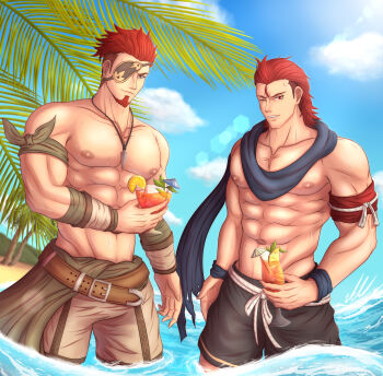 2boys abs absurdres alternate_costume art_vtm bara beach commentary cup day english_commentary eyepatch facial_hair fire_emblem fire_emblem_echoes:_shadows_of_valentia fire_emblem_fates goatee highres holding holding_cup in-franchise_crossover jewelry large_pectorals male_focus male_swimwear multiple_boys navel necklace nintendo nipples ocean outdoors pectorals red_eyes red_hair saber_(fire_emblem) saizo_(fire_emblem) scar scar_across_eye scar_on_face scarf short_hair sky swim_trunks topless_male undercut