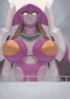 1girl absurdres armor artemis_a breasts brown_hair glowing glowing_eyes hallll hangar highres large_breasts mazinger_(series) mecha mecha_focus purple_armor railing robot robot_girl shin_mazinger_zero solid_eyes solo super_robot yellow_eyes