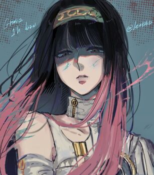 1girl black_eyes black_hair blunt_bangs dress eyelashes gloves gnosia hair_between_eyes hairband highres hime_cut leotab12 long_hair looking_at_viewer simple_background solo straight_hair upper_body white_dress white_gloves yuriko_(gnosia)