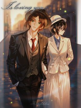 1boy 1girl arm_behind_back black_hair black_hat black_jacket black_pants black_suit blue_bow blue_shirt bow breasts brown_hair closed_mouth cobblestone collared_shirt commentary couple cowboy_shot english_commentary eren_yeager facial_scar formal_clothes green_eyes grey_eyes grey_vest hair_between_eyes hand_in_pocket hat hat_bow hetero highres jacket locked_arms long_skirt medium_breasts mikasa_ackerman necktie pants parted_bangs red_necktie road scar scar_on_cheek scar_on_face shingeki_no_kyojin shirt short_hair skirt street suit suit_jacket twitter_username vest waistcoat white_hat white_jacket white_shirt white_skirt yabi_oblivion