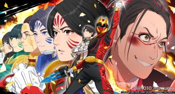 Rule 34 | 1010 mumumu, absurdres, arm up, bakugami ryugi, battle damage, belt, black bodysuit, black hair, blue eyes, bodysuit, byakuya rikuo, close-up, coat, commentary request, confetti, cowboy shot, crossed arms, facial mark, fire, fire candle (super sentai), glasses, gozyueagle, gozyuleon, gozyutyranno, gozyuunicorn, gozyuwolf, green eyes, group picture, helmet, highres, ichikawa sumino, kumade mashiro, male focus, multicolored bodysuit, multicolored hair, multiple boys, no.1 sentai gozyuger, purple eyes, red bodysuit, red eyes, red hair, red helmet, round eyewear, sentai ring, short hair, smirk, streaked hair, super sentai, takehara kinjiro, tega sword, tokusatsu, twitter username, two-tone bodysuit, two-tone hair, watermark, white coat, yellow eyes