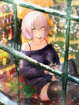 1girl absurdres alternate_costume black_sweater black_thighhighs blush christmas_present christmas_tree closed_mouth collarbone commentary_request cup fate/grand_order fate_(series) from_outside gift grey_hair hair_between_eyes highres holding holding_cup indoors jeanne_d'arc_alter_(fate) long_sleeves looking_at_viewer mug short_hair sitting sleeves_past_wrists smile snow solo sow_graden429 sweater thighhighs window yellow_eyes