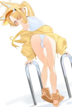 1girl absurdres animal_ear_fluff animal_ears ass blonde_hair blue_archive commentary_request cross_halo daishu_yuzishi extra_ears fox_ears fox_girl from_behind full_body halo highleg highleg_one-piece_swimsuit highres jacket long_hair official_alternate_costume one-piece_swimsuit open_clothes open_jacket sandals seia_(blue_archive) seia_(swimsuit)_(blue_archive) solo sunglasses swimsuit tinted_eyewear white_background yellow_halo yellow_jacket yellow_sandals yellow_visor_cap