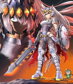 Rule 34 | ahoge, animal ears, armor, bandaged arm, bandages, bikini armor, blue eyes, breastplate, cosplay, doom: the dark ages, doom (series), doomguy, doomguy (cosplay), gauntlets, grey hair, grey visor, hair over one eye, helmet, highres, holding, holding shield, holding weapon, horse ears, horse girl, horse tail, long hair, mark of the doom slayer, oguri cap (gray monster) (umamusume), oguri cap (umamusume), praetor suit, shield, shield saw (doom), shoulder armor, substance20, tail, umamusume, weapon