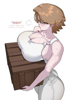 1girl 2025 annoyed ass bare_shoulders blue_eyes blush box breast_rest breasts brown_hair cleavage closed_mouth collarbone commentary cowboy_shot crate curvy english_commentary eyes_visible_through_hair female_focus freckles freckles_on_breasts from_above highres holding holding_box huge_breasts inconvenient_breasts lips looking_ahead marinerx narrow_waist original shirt short_hair simple_background solo sweat tank_top white_background white_shirt