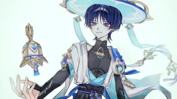 Rule 34 | 1boy, absurdres, anemo symbol (genshin impact), arms at sides, belt, black belt, black bodysuit, black bow, black bridal gauntlets, black shorts, blue cape, blue eyes, blue gem, blue hair, blue hat, blue kimono, blue sleeves, blunt ends, bodysuit, bow, bridal gauntlets, bright pupils, cape, choppy bangs, covered collarbone, dagashi aa, eyeliner, eyeshadow, feathers, fingernails, floating, floating object, floating weapon, furisode, gem, genshin impact, glint, gold, gold bell, gold ring, gold trim, hashtag-only commentary, hat, highres, japanese clothes, jingasa, juban, kimono, layered sleeves, looking at object, makeup, male focus, mandarin collar, middle ring, open clothes, open hand, open kimono, open mouth, parted lips, pom pom (clothes), purple rope, purple sash, red eyeliner, red eyeshadow, rope, sash, scaramouche (genshin impact), short sleeves, shorts, shoulder peek, smile, solo, tassel, tsurime, tulaytullah's remembrance (genshin impact), upper body, vision (genshin impact), wanderer (genshin impact), white background, white kimono, white mouth, white pupils, white sleeves, white trim, yellow feathers