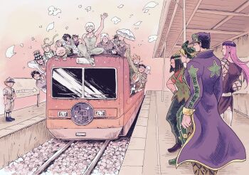 4girls 6+boys argyle ascot bandana battle_tendency black_hair blonde_hair blunt_bangs bruno_bucciarati caesar_anthonio_zeppeli coat collarbone diamond_wa_kudakenai dog dreadlocks emporio_alnino enomoto_(sudatsue) erina_pendleton ermes_costello everyone eyepatch facial_hair fishnet_top fishnets foo_fighters_(jojo) glasses gravel green_hair hat highres horns iggy_(jojo) jean_pierre_polnareff jojo_no_kimyou_na_bouken jonathan_joestar joseph_joestar kakyoin_noriaki kuujou_jolyne kuujou_joutarou leone_abbacchio long_coat long_hair long_sleeves medium_hair mohammed_avdol multicolored_hair multiple_boys multiple_girls mustache narancia_ghirga narciso_anasui on_vehicle outdoors parasol phantom_blood pink_hair pink_sky railroad_tracks robert_e._o._speedwagon short_hair short_sleeves sidelocks sign sitting sky smile sparkle spoilers standing star_(symbol) star_print stone_ocean top_hat train train_station two-tone_hair umbrella vento_aureo vest waving weather_report white_hair will_anthonio_zeppeli yangu_shigekiyo