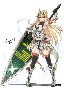 1girl animal_ears bare_shoulders blonde_hair breasts chest_jewel cleavage core_crystal_(xenoblade) electricity english_text full_body highres holding holding_behind_back holding_sword holding_sword_behind_back holding_weapon holding_weapon_behind_back horns kirin_(armor) large_breasts leaning_on_weapon long_hair monster_hunter_(series) mythra_(xenoblade) navel planted planted_sword planted_weapon sideless_outfit signature simple_background single_horn sofusan1526 solo sword very_long_hair weapon white_background xenoblade_chronicles_(series) xenoblade_chronicles_2 yellow_eyes