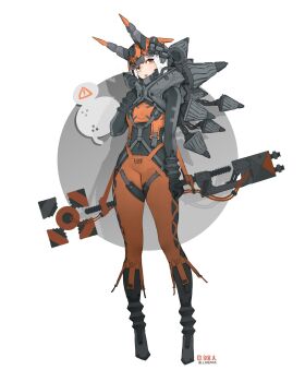 1girl arm_at_side arrow_(symbol) barcode black_bodysuit bodysuit chinese_commentary commentary_request covered_navel drop_shadow expressionless full_body grey_background grey_horns groin headgear highres horns liren44 looking_at_viewer machine mechanical_horns mechabare metal open_mouth orange_bodysuit orange_horns original red_eyes science_fiction skin_tight solo strap twitter_username white_background white_hair