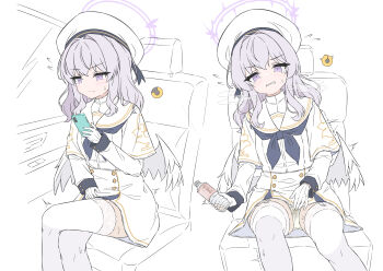 1girl absurdres blue_archive bottle car_interior cellphone dress emoji halo hat have_to_pee highres holding holding_bottle holding_phone long_sleeves mizusaki_(kn27) multiple_views neckerchief panties pee pee_stain peeing peeing_self phone purple_eyes sailor_collar sitting smartphone thighhighs trinity_student_(blue_archive) underwear urine_meter wet wet_clothes wet_panties white_dress wings