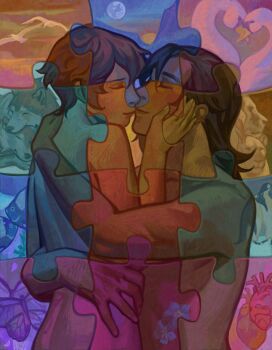 1boy 1girl absurdres animal arm_around_back bird brown_hair bug butterfly closed_eyes color_filter completely_nude convenient_censoring covering_privates fish flower forget-me-not_(flower) hand_on_another's_shoulder heart_(organ) highres hug imminent_kiss insect jigsaw_puzzle lion medium_hair moon nude original penguin puzzle sergeant_(fish) short_hair silverheather sunset swan wolf wolf_cut