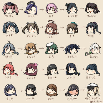 6+girls ahoge arrow_(symbol) atlanta_(kancolle) black_hair blonde_hair blue_hair braid brown_hair character_request check_character commentary_request crescent crescent_hair_ornament earrings eyepatch glasses graf_zeppelin_(kancolle) green_hair grey_hair hair_ornament hair_ribbon hairband hat head_only houshou_(kancolle) i-400_(kancolle) isuzu_(kancolle) jewelry kamoku_nagi kantai_collection kisaragi_(kancolle) kiso_(kancolle) kitakami_(kancolle) kiyoshimo_(kancolle) kuma_(kancolle) matsukaze_(kancolle) maya_(kancolle) mini_hat mini_top_hat mizuho_(kancolle) mochizuki_(kancolle) multiple_girls one_eye_closed ooi_(kancolle) open_mouth oyashio_(kancolle) pink_hair red_hair ribbon sendai_(kancolle) shiritori simple_background smile souryuu_(kancolle) star_(symbol) star_earrings tama_(kancolle) tatsuta_(kancolle) top_hat translation_request twintails unryuu_(kancolle) ushio_(kancolle) uzuki_(kancolle) yahagi_(kancolle) zuikaku_(kancolle)