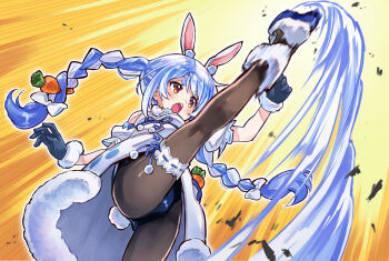 Rule 34 | 1girl, animal ear fluff, animal ears, axe kick, bare shoulders, black gloves, black leotard, black pantyhose, blue hair, bow, braid, carrot, carrot hair ornament, coat, coat dress, commentary request, creature, don-chan (usada pekora), dress, food-themed hair ornament, frilled thigh strap, from below, fur-trimmed coat, fur-trimmed gloves, fur scarf, fur trim, gloves, hair bow, hair ornament, highres, hikimayu, hololive, kicking, leg up, leotard, leotard under clothes, long hair, motion blur, multicolored hair, open mouth, panties, pantyhose, pantyshot, puffy short sleeves, puffy sleeves, rabbit, rabbit-shaped pupils, rabbit ears, rabbit girl, rabbit tail, sakino shingetsu, scarf, short eyebrows, short sleeves, solo, split, standing, standing on one leg, standing split, strapless, strapless coat, strapless dress, symbol-shaped pupils, tail, thick eyebrows, thigh strap, twin braids, twintails, two-tone hair, underwear, upskirt, usada pekora, usada pekora (1st costume), virtual youtuber, white coat, white footwear, white hair, white scarf