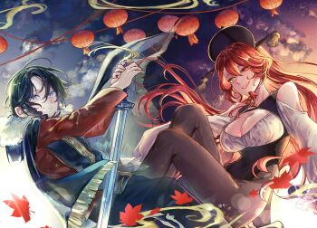 1boy 1girl black_hair blue_eyes breasts chiyou_(kaedegami) cleavage harukawa_jun heterochromia kaedegami large_breasts long_hair official_art red_eyes red_hair