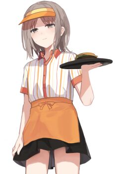 1boy androgynous apron black_skirt burger closed_mouth collared_shirt commentary_request cowboy_shot crossdressing crossdressing_(mtf) employee_uniform fast_food_uniform food grey-haired_boy_(sunaba_(nczd5875)) grey_eyes grey_hair hand_up holding holding_tray light_smile looking_to_the_side male_focus medium_hair orange_apron orange_visor_cap original partial_commentary shirt short_sleeves simple_background skirt solo striped_clothes striped_shirt sunaba_(nczd5875) sweatdrop thighs trap tray vertical-striped_clothes vertical-striped_shirt visor_cap white_background white_shirt
