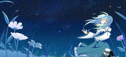 1girl closed_eyes collared_shirt detached_sleeves flower frog_hair_ornament grass green_hair hair_ornament hair_tubes japanese_clothes kochiya_sanae long_hair miko open_mouth shirt single_hair_tube sky snake_hair_ornament solo standing star_(sky) starry_sky stone touhou white_flower white_shirt whitecloudinside