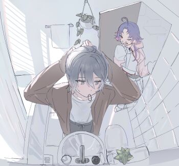 Rule 34 | 18trip, 2boys, ahoge, arms up, brown jacket, covering own mouth, fisheye, grey eyes, grey hair, hachinoya nagi, hair between eyes, hair tie, hand over own mouth, highres, indoors, jacket, long hair, long sleeves, looking to the side, male focus, medium hair, multicolored jacket, multiple boys, one eye closed, open clothes, open jacket, pankajiru, plant, potted plant, purple hair, shirt, sink, sketch, tile wall, tiles, toilet, two-tone jacket, tying hair, white shirt, yowa netaro