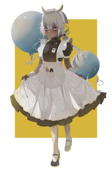 1girl 2306380612 absurdres alternate_costume amiya_(arknights) animal_ears apron arknights bags_under_eyes balloon black_shoes blush camel_ears camel_girl character_doll commentary_request dark-skinned_female dark_skin doctor_(arknights) doll enmaided high_heels highres id_card long_hair long_sleeves looking_at_viewer maid maid_apron maid_headdress mary_janes pantyhose purple_eyes shoes solo tuye_(arknights) white_hair white_pantyhose wrist_cuffs yellow_nails