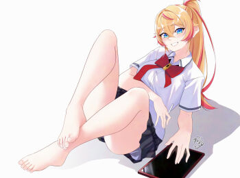 1girl akira_miku_ver barefoot blonde_hair blue_eyes feet grin highres long_hair looking_at_viewer multicolored_hair original ponytail smile streaked_hair stylus tablet_pc toes