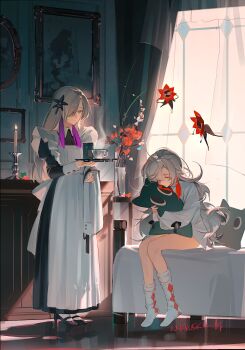 2girls absurdres alternate_costume apron bed black_dress blue_eyes can candle candlestand cevio commentary_request cup dress dual_persona enmaided expressionless familiar gomidasu_(kamitsubaki_studio) grey_hair hair_ornament hair_over_one_eye high_heels highres holding holding_stuffed_toy holding_tray hot_drink hugging_doll hugging_object indoors isekaijoucho kamitsubaki_studio long_hair long_sleeves looking_at_another maid morning multicolored_hair multiple_girls no_shoes nyansky on_bed one_eye_covered overexposure painting_(object) purple_hair red_hair sekai_(cevio) shirt sitting sleepy socks standing steam streaked_hair stuffed_animal stuffed_toy teacup tray virtual_youtuber white_apron white_shirt white_socks window