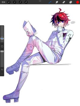 ... 1boy ahoge art_program_in_frame black_hair blue_eyes book boots chinese_commentary commentary_request expressionless full_body geta gloves heiyu_yaya highres holding holding_book hole_in_chest hole_on_body jacket knee_boots long_sleeves looking_at_viewer male_focus multicolored_hair official_alternate_color pants procreate_(medium) procreate_(software) red_hair short_hair simple_background sitting sketch solo speech_bubble spoken_ellipsis streaked_hair sumino_takumi the_hundred_line_-last_defense_academy- two-tone_hair white_background white_boots white_gloves white_jacket white_pants