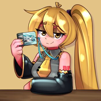 1girl ahoge akita_neru aqua_eyes aqua_hair arm_on_table arm_tattoo bare_shoulders black_sleeves blonde_hair closed_mouth collared_shirt detached_sleeves electronic_baka grey_shirt hatsune_miku holding long_hair looking_at_viewer necktie ponytail shirt smug table tattoo tie_clip vocaloid yellow_background yellow_eyes yellow_necktie yellow_trim