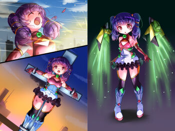1girl alternate_costume arms_at_sides bdsm black_thighhighs blunt_bangs blush boots breasts bruise city cleavage_cutout clothing_cutout cloud comic cross crucifixion damaged defeat dragon_girl dragon_wings dress explosion fire_emblem fire_emblem:_the_sacred_stones frilled_skirt frills from_side full_body gloves glowing gold_trim gradient_background green_wings hair_tie injury instant_loss jewelry long_hair looking_at_viewer mecha_musume mechanical_wings messy_hair mimochiku motion_lines multi-tied_hair multicolored_dress myrrh_(fire_emblem) nintendo pale_skin parted_lips purple_hair red_dress red_eyes red_gloves restrained ryona sequential shiny_skin skirt small_breasts solo_focus standing sunset suspension thighhighs tokusatsu twintails upper_body white_dress white_footwear wince wings yellow_wings