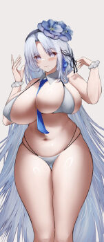 1girl absurdly_long_hair alsace_(azur_lane) alsace_(heat_beating_summer_sacrament)_(azur_lane) azur_lane between_breasts bikini black_hairband blue_eyes blue_necktie blush braid breasts closed_mouth commentary cowboy_shot curvy detached_collar flower grey_background grey_hair hair_flower hair_ornament hair_ribbon hairband half_up_braid halterneck hands_up highres huge_breasts kainines long_hair looking_at_viewer micro_bikini multi-strapped_bikini_bottom narrow_waist necktie necktie_between_breasts official_alternate_costume official_alternate_hairstyle paid_reward_available plump ribbon ribbon_braid scrunchie shiny_skin simple_background skindentation smile solo stomach string_bikini swimsuit thick_thighs thighs very_long_hair white_bikini wide_hips wrist_scrunchie