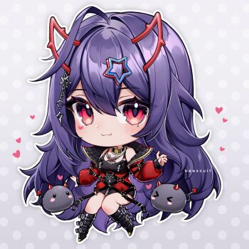 1girl :3 akuma_nihmune akuma_nihmune_(casual) beescuit big_head black_boots black_dress blush boots chibi chibi_only dress full_body gradient_background grey_background hair_between_eyes hair_ornament heart heart_necklace horns indie_virtual_youtuber jacket jewelry knee_boots long_sleeves looking_at_viewer mole mole_under_eye necklace noomba_(akuma_nihmune) open_clothes open_jacket purple_hair red_eyes red_horns red_jacket sleeveless sleeveless_dress spaghetti_strap star_(symbol) star_hair_ornament virtual_youtuber