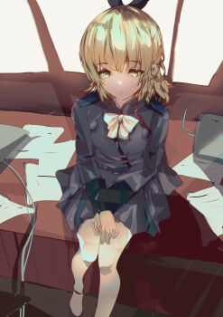 1girl absurdres belt black_bow black_ribbon black_skirt blonde_hair blue_skirt bow bowtie buttons closed_mouth desk double-breasted epaulettes from_above green_eyes hair_bow hair_ribbon hands_on_lap heaven_burns_red highres indoors jacket long_sleeves looking_at_viewer military military_jacket military_uniform nanase_nanami_(heaven_burns_red) no53_(pixiv_77486930) own_hands_together pantyhose paper papers ribbon school_uniform shoes short_hair sitting skirt solo white_bow white_bowtie white_pantyhose