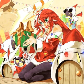 1boy 1girl black_leggings blizzardingpike bow bowtie box brown_hair candy christmas_lights collared_shirt colored_inner_hair commentary dress english_commentary food fur-trimmed_dress fur-trimmed_sleeves fur_trim gift gift_box green_eyes guilty_gear guilty_gear_strive halo hat highres holding holding_gift jack-o'_valentine leggings long_hair minion_(guilty_gear) multicolored_hair off-shoulder_dress off_shoulder open_mouth parted_bangs red_bow red_bowtie red_dress red_hair santa_hat seiza shirt short_hair sitting smile sol_badguy solo_focus spiked_halo two-tone_hair white_hair white_shirt