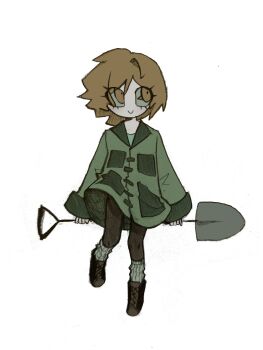 1girl brown_eyes brown_hair coat commentary_request esther_freeling full_body green_coat haunted_hotel highres holding holding_shovel korean_commentary looking_to_the_side muted_color short_hair shovel simple_background smile solo ss1um white_background