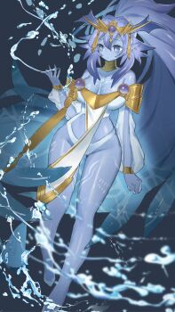 Rule 34 | 1girl, alternate breast size (larger), alternate hairstyle, blue eyes, blue hair, blue skin, breasts, cleavage, collarbone, colored skin, dominus impulse, dougaku (passionpit777), duel monster, gold collar, gold tiara, highres, large breasts, long hair, panties, pelvic curtain, pointy ears, solo, underwear, white panties, wings, yu-gi-oh!