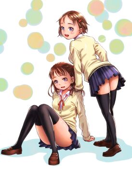 2girls :d black_thighhighs blue_eyes blue_skirt brown_hair brown_shoes cardigan collared_shirt commentary_request from_behind full_body hair_bobbles hair_ornament hand_on_another's_shoulder highres knees_together_feet_apart knees_up loafers long_hair long_sleeves looking_at_viewer looking_back miniskirt multiple_girls neck_ribbon open_mouth original panties pantyshot pleated_skirt purple_eyes red_ribbon revision ribbon school_uniform shirt shoes sitting skirt smile standing tareme teeth thighhighs underwear upper_teeth_only wadachitokakeru white_panties white_shirt yellow_cardigan zettai_ryouiki
