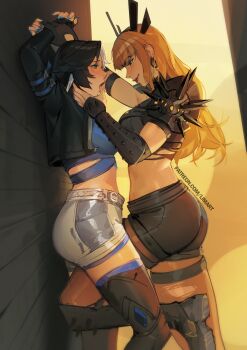 2girls absurdres against_wall arms_up assertive_female black_hair blonde_hair blue_nails crop_top cropped_jacket finger_in_another&#039;s_mouth from_side highres limart long_hair luna_snow magik_(x-men) marvel marvel_rivals multicolored_hair multiple_girls paid_reward_available pantyhose pinned seductive_smile short_hair short_shorts shorts smile split-color_hair torn_clothes torn_pantyhose white_hair x-men yuri