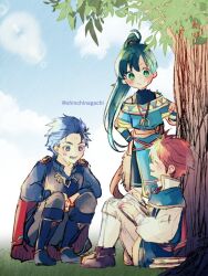 Rule 34 | 1girl, 2boys, against tree, blue eyes, blue footwear, blue hair, blue sky, boots, brown footwear, cape, closed eyes, closed mouth, cloud, commentary request, eliwood (fire emblem), fire emblem, fire emblem: the blazing blade, gold trim, green eyes, hand on own hip, hector (fire emblem), high ponytail, jewelry, long hair, lyn (fire emblem), multiple boys, necklace, nintendo, open mouth, red cape, red hair, shinchinagachi, sitting, sky, smile, squatting, tree