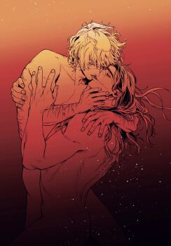 2boys arm_around_shoulder badeni brown_background chi.:_chikyuu_no_undou_ni_tsuite chikatsu_ro collarbone facial_scar gradient_background hair_between_eyes half-closed_eyes hand_on_another&#039;s_chin highres hug imminent_kiss long_hair looking_at_another male_focus medium_hair monochrome multiple_boys muscular muscular_male nude oczy parted_lips scar scar_on_arm scar_on_back scar_on_cheek scar_on_face scar_on_nose upper_body yaoi