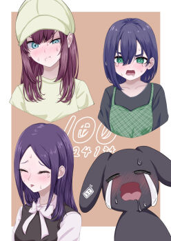 Rule 34 | 4girls, :t, black hair, black shirt, black vest, blush, bow, bowtie, brown background, brown hair, chapter number, closed eyes, collarbone, commentary, cropped torso, crying, drooling, green eyes, hair between eyes, haraga kurumi, hat, highres, kimi no koto ga dai dai dai dai daisuki na 100-nin no kanojo, long hair, morikita kimari, multiple girls, nose blush, open mouth, parted bangs, purple hair, saiki himeka, saliva, shirt, short hair, simple background, spicy, streaming tears, sweat, tearing up, tears, tomohiro (tomohiro r36aby), tongue, tongue out, uneven eyes, usami shiina, v-shaped eyebrows, vest, wavy mouth, white bow, white bowtie, white shirt, wince, yellow hat, yellow shirt