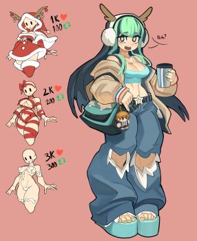1girl absurdres bag blue_bag blue_eyes blue_hair blue_nails blue_pants blue_sandals blue_tank_top blunt_bangs breasts brown_jacket character_charm charm_(object) christmas commentary crop_top cup earmuffs english_commentary fake_antlers fingernails full_body hat highres holding holding_cup jacket jacket_partially_removed jewelry large_breasts long_hair long_sleeves looking_at_viewer multicolored_hair nail_polish naked_ribbon necklace nezo nova_(exnezo) open_mouth original pants pink_background platform_sandals ribbon sandals santa_costume santa_hat simple_background solo star-shaped_pupils star_(symbol) symbol-shaped_pupils tank_top toenail_polish toenails torn_clothes torn_pants twitter_strip_game two-tone_hair