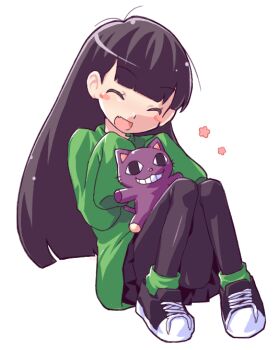 1girl animification black_hair blunt_bangs blunt_ends blush_stickers closed_eyes codename:_kids_next_door fang full_body knees_up long_hair long_sleeves negiwave2000 numbuh_3 open_mouth pantyhose pleated_skirt shoes sitting skirt sleeves_past_fingers sleeves_past_wrists smile sneakers socks solo stuffed_animal stuffed_shark stuffed_toy sweater very_long_hair