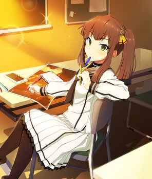 Rule 34 | 1girl, ayanokouji martial arts school uniform, black pantyhose, blunt bangs, breasts, brown hair, cellphone, chair, chalkboard, classroom, closed mouth, dappled sunlight, desk, dot nose, double-parted bangs, evening, feet out of frame, from side, game cg, green eyes, grey sailor collar, hair ornament, hair ribbon, holding, holding pen, indoors, lens flare, long hair, long sidelocks, long sleeves, looking at viewer, map, notepad, official art, on chair, pantyhose, pen, phone, ribbon, sailor collar, school desk, school uniform, shirt, side ponytail, sidelocks, sitting, skirt, small breasts, smartphone, solo, sparkle, sunlight, suzumoto hana, third-party source, toji no miko, toji no miko: kizamishi issen no tomoshibi, white shirt, white skirt, yellow ribbon