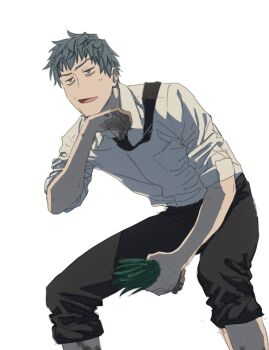 1boy bent_over black_necktie black_pants blue_hair brown_eyes dirty fate/grand_order fate_(series) highres holding ikezawa_shin male_focus mud necktie open_mouth pants planting rice_planting saitou_hajime_(fate) shirt simple_background sleeves_rolled_up solo sweat white_background white_shirt