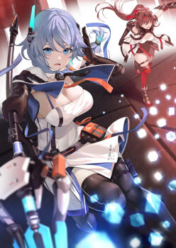 2girls aether_gazer antennae black_gloves black_sleeves black_thighhighs blue_eyes blue_hair blush bow breasts brown_hair cleavage cube detached_sleeves dress elbow_gloves faceless faceless_female full_body gloves hair_between_eyes hair_bow hairband hand_up high_ponytail highres holding holding_polearm holding_sword holding_weapon impossible_clothes impossible_dress indoors jacket light_particles long_bangs looking_at_viewer medium_breasts medium_hair multiple_girls open_clothes open_jacket open_mouth pelvic_curtain polearm ponytail poseidon_(aether_gazer) pouch red_bow red_hairband red_thighhighs running side_slit sidelocks spear sword thigh_pouch thigh_strap thighhighs verthandi_(aether_gazer) weapon white_dress white_jacket yappen