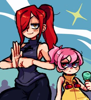 2girls adapted_costume alternate_costume alternate_hairstyle bare_shoulders blue_sky fist_in_hand food half-closed_eyes hands_up ice_cream ice_cream_cone long_hair looking_at_viewer looking_to_the_side mercysstrap multiple_girls outdoors parasoul_(skullgirls) pink_eyes ponytail red_eyes red_hair siblings sisters skullgirls sky smile turtleneck umbrella_(skullgirls) yellow_eyes