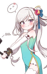 Rule 34 | 1girl, anger vein, blue archive, blue bow, blue dress, blush, bow, breasts, china dress, chinese clothes, closed mouth, commentary request, covered navel, cowboy shot, detached sleeves, dress, gba jasjas, grey hair, hair bow, hammer, high side ponytail, holding, holding hammer, long hair, looking at viewer, mahjong soul, medium bangs, mutsuki (blue archive), pointy ears, scrunchie, simple background, small breasts, smile, solo, spoken expression, strapless, strapless dress, thighhighs, white background, white sleeves, white thighhighs, wrist scrunchie