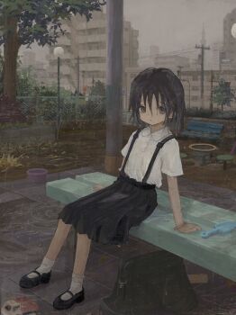 1girl absurdres bag bench black_bag black_hair black_shoes black_skirt bracelet bucket building city collared_shirt commentary fence fog grey_sky highres jewelry looking_at_viewer mani_tamlyn mary_janes original outdoors park parted_lips power_lines rain shirt shoes short_sleeves skirt sky socks solo suspender_skirt suspenders symbol-only_commentary toy_truck tree water wet wet_clothes white_shirt white_socks