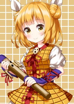 1girl arm_ribbon blonde_hair blush bow breasts closed_mouth commentary_request double_bun dress dress_bow hair_bun hair_ribbon hands_up haniwa_(statue) highres joutouguu_mayumi looking_at_viewer medium_breasts one-hour_drawing_challenge pants polearm puffy_short_sleeves puffy_sleeves red_bow red_ribbon ribbon ruu_(tksymkw) shirt short_hair short_sleeves simple_background smile solo spear touhou weapon white_pants white_ribbon white_shirt yellow_background yellow_dress yellow_eyes