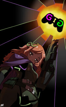 Rule 34 | 1girl, 4chan, 8chan, cape, cover, cover page, formal clothes, gamergate, gloves, green suit, gun, hair ornament, hairpin, highres, holding, holding gun, holding weapon, kukuruyo, light brown hair, logo, looking at viewer, looking down, purple cape, science fiction, suit, vivian james, weapon